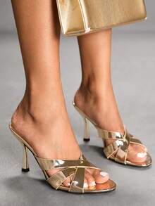 CUCCOO SZL Ladies Round Toe Stiletto Luxury Cocktail Party Summer Gold Patent Leather Sandals - Light gold - View 2