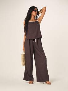 MISSGUIDED Áo hai dây nữ màu nâu phối tương phản, không tay, kiểu dây mảnh, thích hợp mặc ngoài hàng ngày. - màu nâu - Xem 3