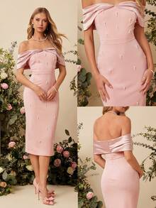 Amorya Elegant Women's Dusty Pink Summer Wedding Guest Dress,Off Shoulder Pearl Midi Pencil Formal Party Dress,Wedding Ninang,Satin Sleeve Knit Patchwork - Pink - View 2