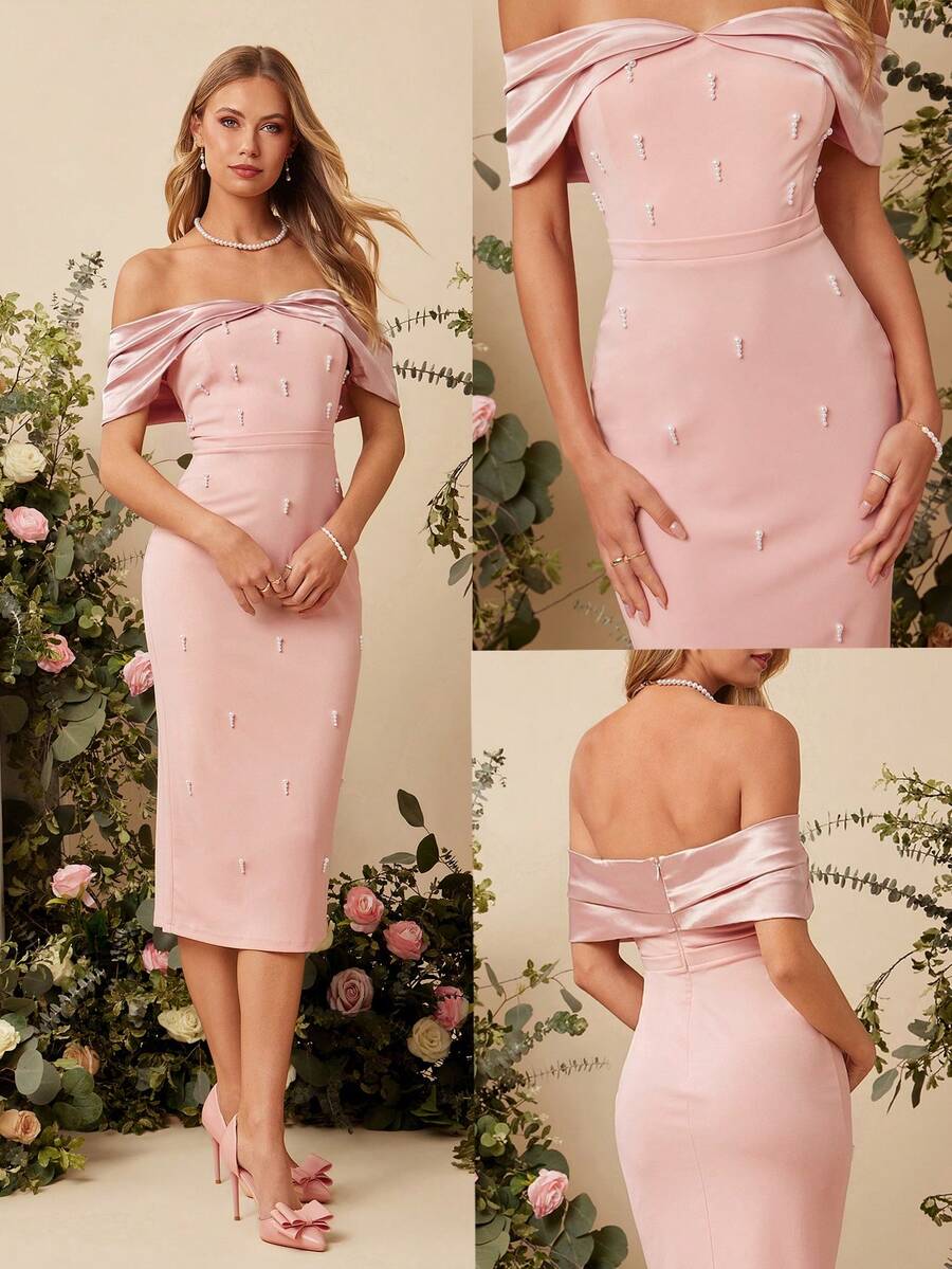 Amorya Elegant Women's Dusty Pink Summer Wedding Guest Dress,Off Shoulder Pearl Midi Pencil Formal Party Dress,Wedding Ninang,Satin Sleeve Knit Patchwork