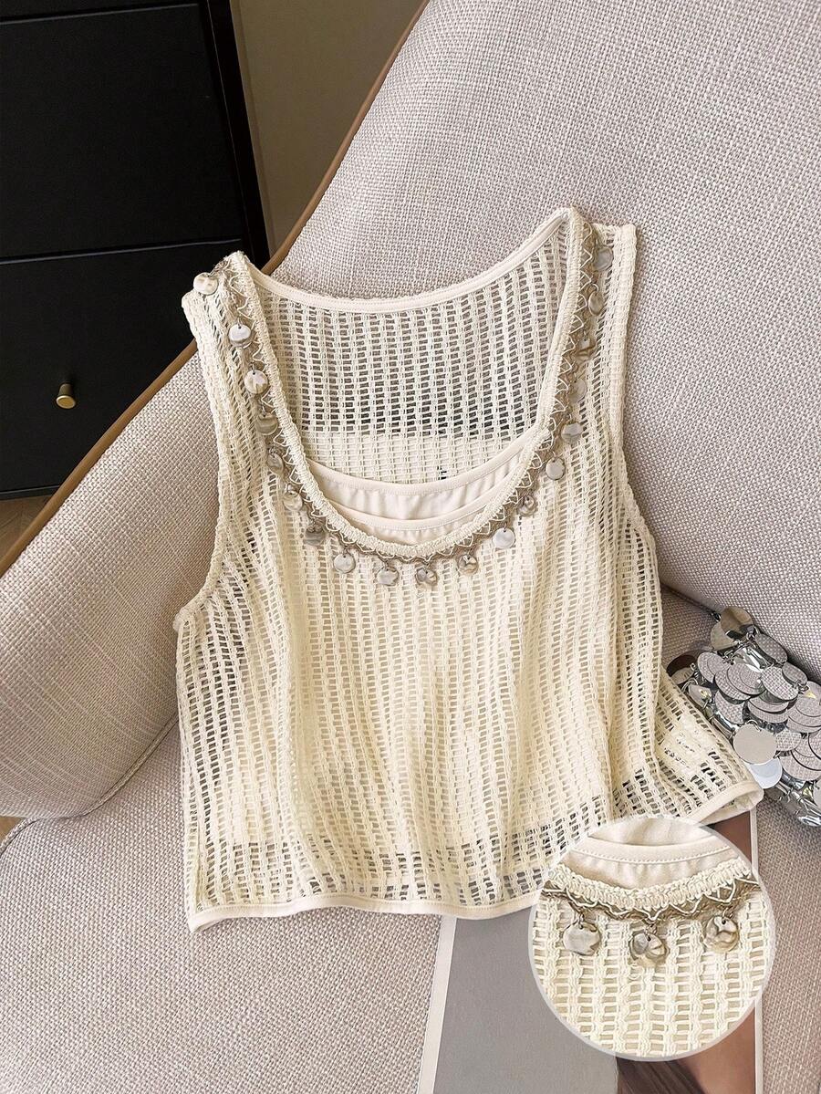 Resyla Women's Casual Vacation Pendant Decor Hollow Out Knit Top - Apricot - View 1