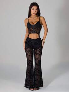 SHEIN PETITE Quần ống loe lưới xuyên thấu gợi cảm dành cho nữ, màu đen. - màu đen - Xem 7