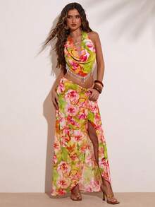 SHEIN BAE Women's Summer Green And White Floral Boho Tropical Vest Top, Draped Neck Asymmetric Hem Tassel Decor Holiday Beach Vacation Music Festival Top - Green - View 4