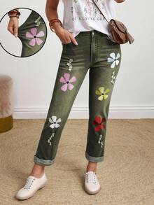 EMERY ROSE Plus Size Women's Fashionable Embroidered Pocket Denim Jeans - Green - View 3
