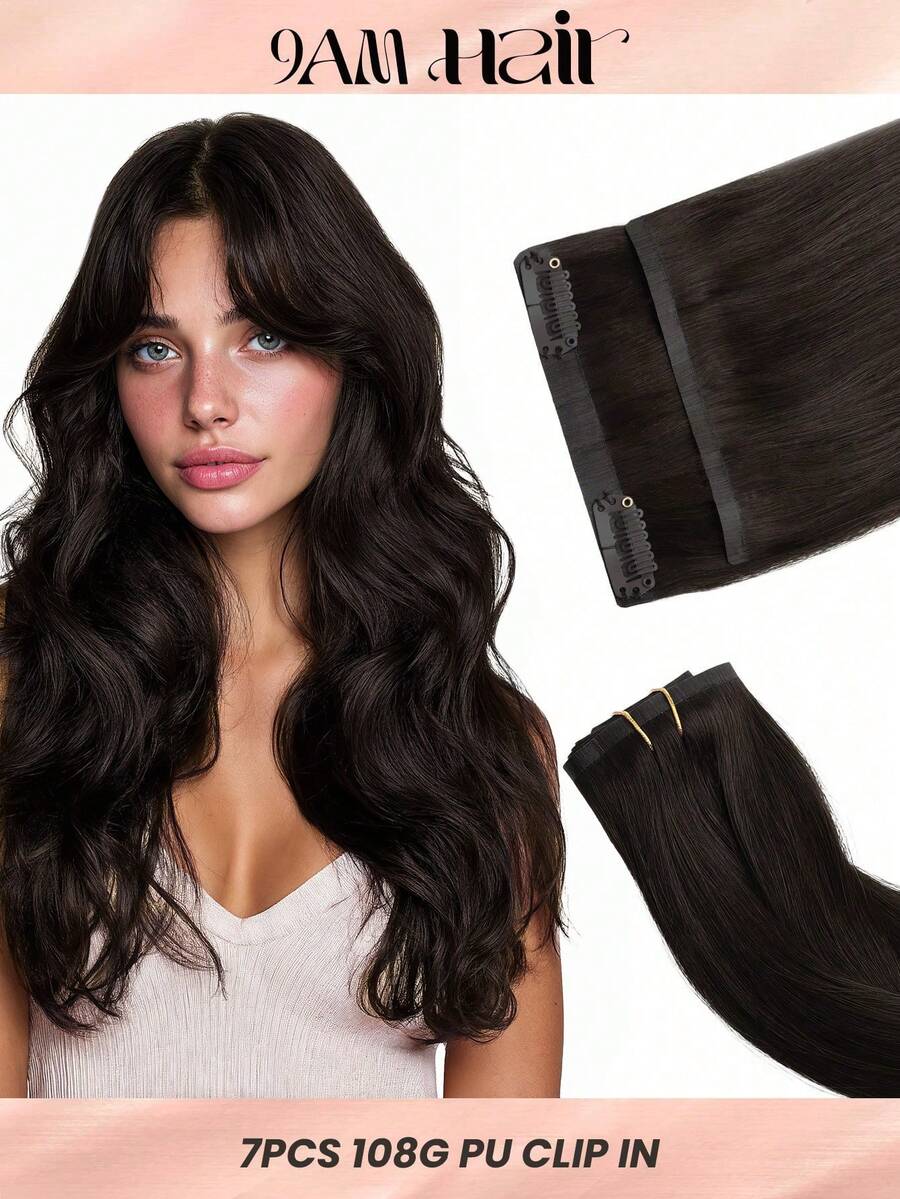 Seamless Clip Ins 100% Real Human Hair Extension 7PCS Seamless PU Clip In Human Hair Extensions Straight 14-22 Inch Dark Brown Skin Weft Remy Hair Extensions 110G With Clips - S2 - View 1