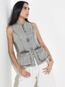 KSTM Áo khoác không tay denim màu xám bạc cho nữ, kiểu dáng cargo, có hai túi phía trước và khóa kéo toàn thân, thích hợp cho mùa thu xuân. - xanh quân đội - Xem 7