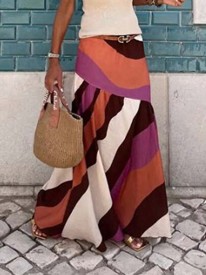 Solivie Kjol med färgblocksmönster för semester och avslappnad passform för kvinnor