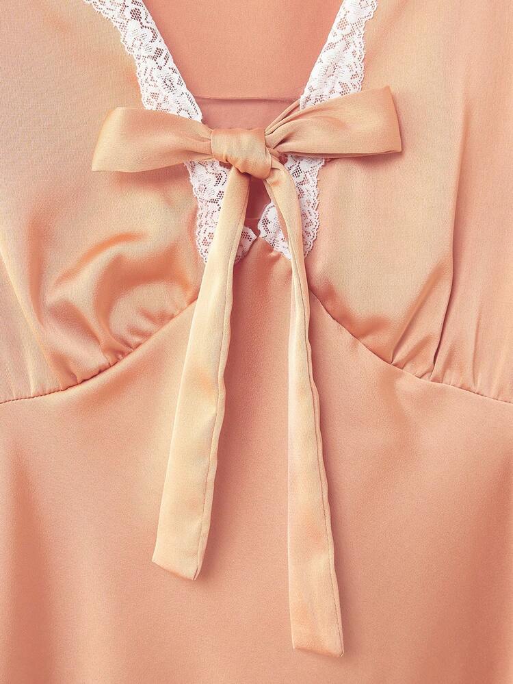 Orange Satin Mini Dress With Lace-Trim V-Neck And Tie-Front Bow Cute Spring Summer Style French Style Parisian Style Front Tie Dress Apricot Dress Peach Dress For Women Light Orange Dress