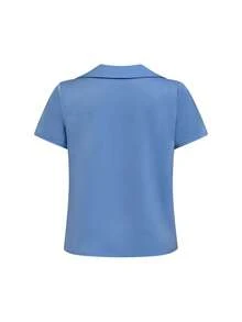 GlowEve 女士梭织缎面短袖V领衬衫，优雅办公服饰，新款春夏时尚衬衫 - 藍色 - 查看 2