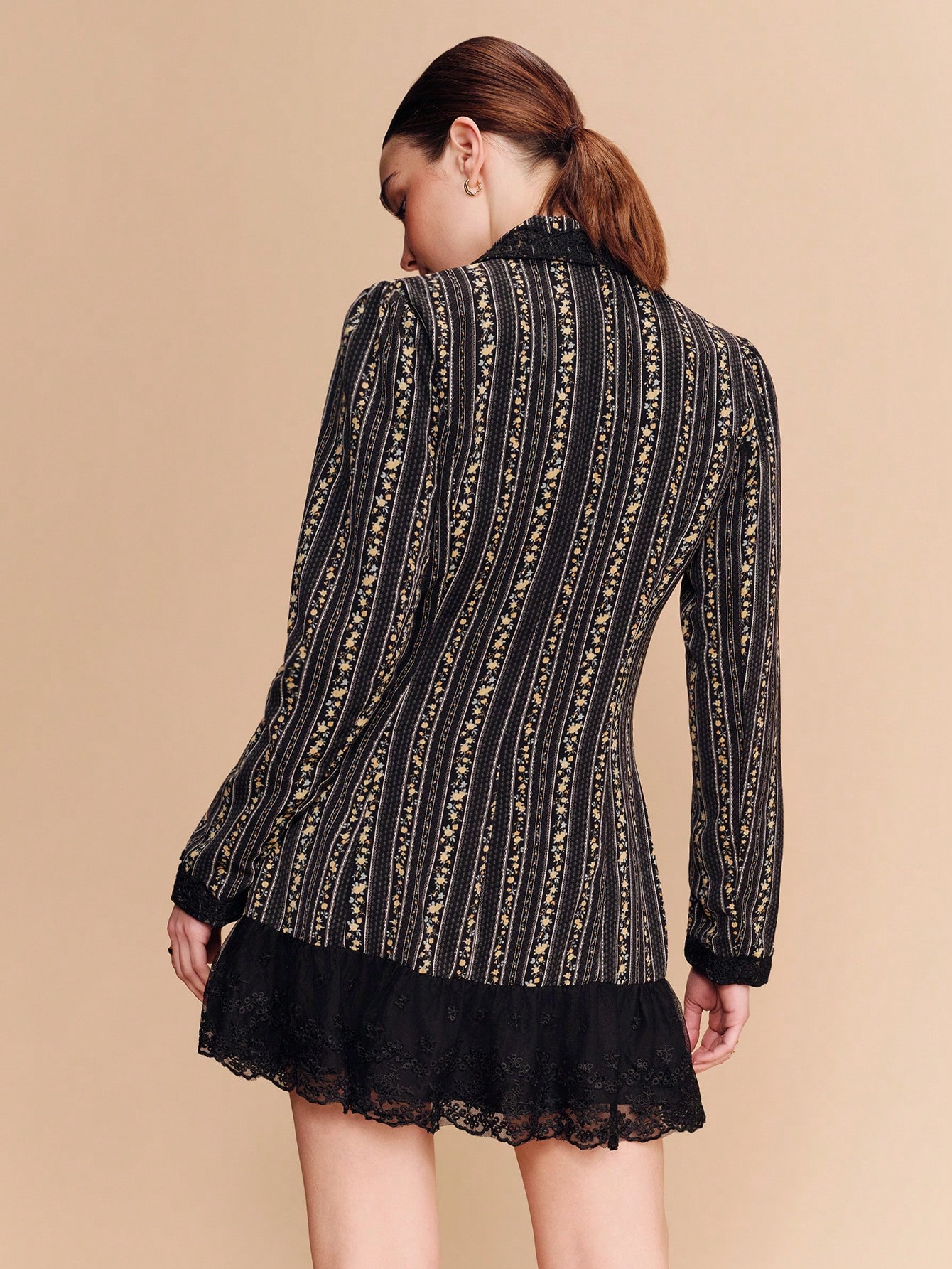 Black Fitted Blazer Style Mini Dress With Tailored Waist Long Sleeves And Lace Hem Detail In Floral Striped Fabric Chic Feminine Dress French Style Parisian Style Business Casual Dress