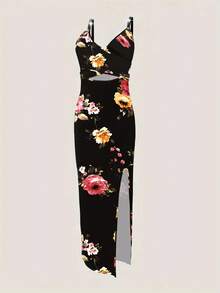 Chiquease Floral Print Hollow Out High Split Bodycon Dress For Spring/Summer Maxi Women Outfit - Black - View 3