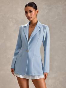 EURMUSE Women Gold Button Detailed Regular Fit Blazers - Baby Blue - View 4