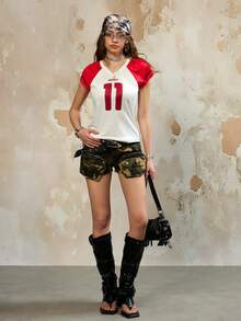 Rina Fox Women's Casual V-Neck Raglan Sleeve Numeric Print Top - White - View 2