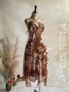 Soleia Đầm satin chiffon họa tiết động vật phong cách retro bohemian WYWH Vacation, họa tiết sứa, nhuộm tie-dye, viền bèo nhún, hoa 3D. - Cà phê nâu - Xem 4
