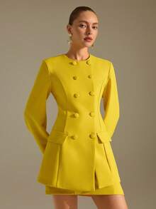 CLARA VERO Women's Round Neck Long Sleeve Waist Cinched Front Button Blazer & Skirt Suit Set - Yellow - View 2