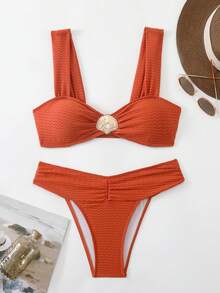 Swim Chiccia 两件套新款加厚肩带性感优雅度假比基尼套装，适合海滩、泳池、派对、圣诞节等场合。 - 鏽棕色 - 查看 3