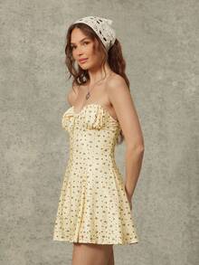 WESTFADE Floral Pointelle Knit Eyelet Strapless Tie Front Mini Dress Spring, Summer, Resort Wear, Casual, Coastal, Cowgirl, Boho, Farmers Market, Vacation, Beach, Festival, Western Wear, Nashville, Rodeo Outfit, Country Concert, Butter Yellow, Smocked - Yellow - View 6