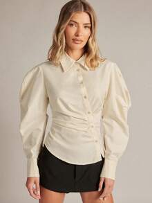 Hauture 女士秋冬/春季褶皱领不对称下摆修身衬衫 - 黃色 - 查看 7