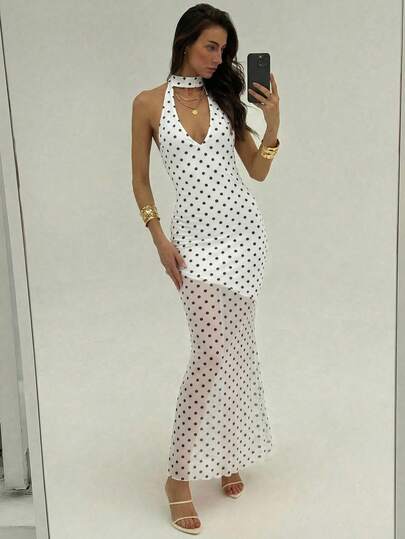 Aloruh Đầm nữ gợi cảm cổ điển thanh lịch họa tiết chấm bi, hở lưng, buộc dây, ôm sát, thích hợp cho mùa hè.