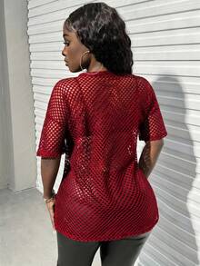 Slaydiva 音乐节黑色百搭性感休闲宽松网眼钩编女式短袖T恤上衣，短袖网眼上衣，女式上衣和衬衫，网眼上衣，女式红色网眼上衣，Y2K修身衬衫，夏季上衣 - 紅色 - 查看 2