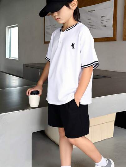 Mirajuku 2pcs/Set Tween BoyCasual Contrast Color Tape Splice Polo Shirt And Woven Shorts Set, Minimalist Fashion Suitable For Daily, Commute, School Wear