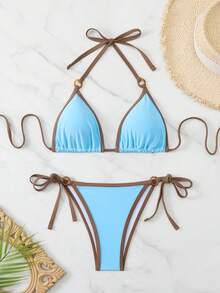 Swim Basics Conjunto de bikini y tanga triangular de verano para mujer con contraste de color y escote halter sexy - Multicolor - Ver 1