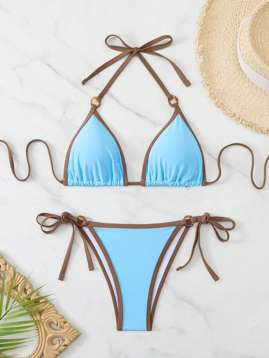 Swim Basics Conjunto de bikini y tanga triangular de verano para mujer con contraste de color y escote halter sexy - Multicolor - Ver 1