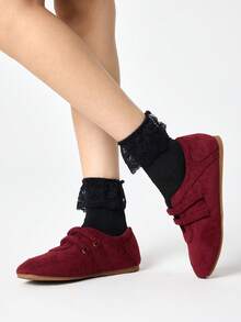 ROMWE Grunge Punk 女士平底豹纹绑带芭蕾舞鞋，布面鞋面，乐福鞋，玛丽珍小皮鞋 - 酒紅色 - 查看 4