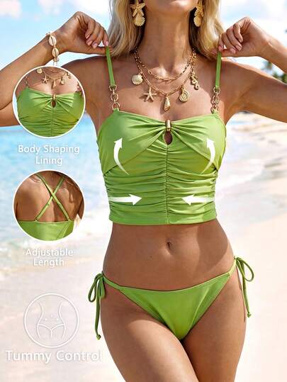 Sylviya Women's Avocado Green Metal Buckle Contrast Color Summer Beach Vacation Swimsuit Top And Bottoms 2 Pieces Set