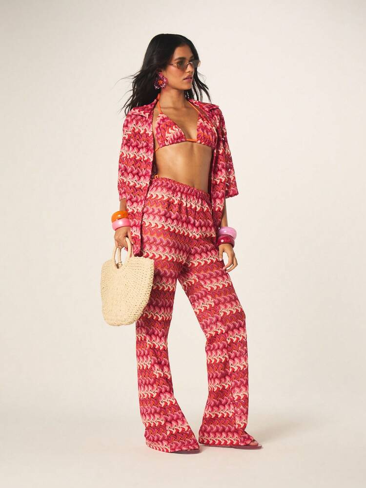 MISSGUIDED Crochet Pattern Coordinated Two-Piece Set Long Sleeve Shirt High Waisted Flared Wide Leg Palazzo Pants