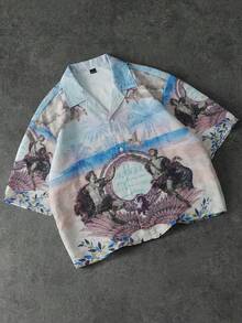 PAVTROS Men's Letter Angel Print Single-Breasted Casual Versatile Daily Wear Short Sleeve Shirt - Multicolor - View 3