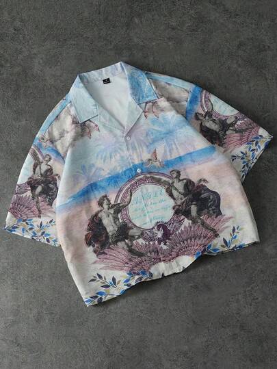 PAVTROS Men's Letter Angel Print Single-Breasted Casual Versatile Daily Wear Short Sleeve Shirt