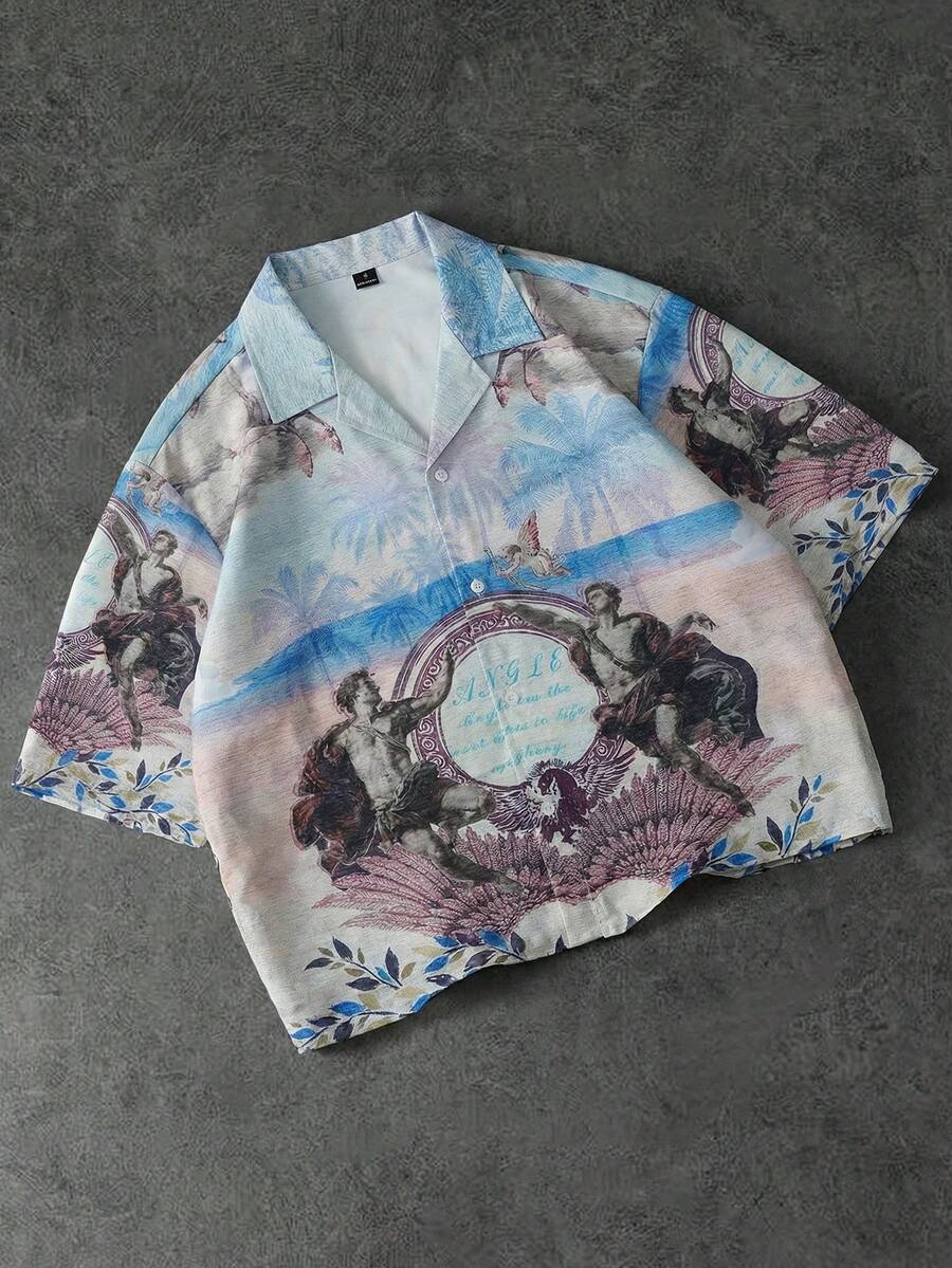 PAVTROS Men's Letter Angel Print Single-Breasted Casual Versatile Daily Wear Short Sleeve Shirt - Multicolor - View 1