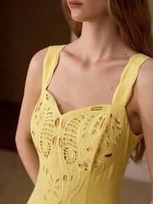 MOTF PREMIUM Đầm nữ bằng vải lanh thêu, kiểu dáng thường ngày/hẹn hò, mùa xuân/hè. - Màu vàng - Xem 2