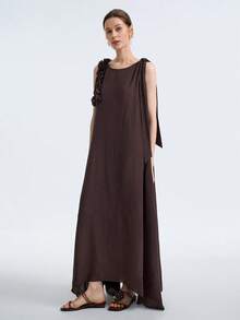 Aalyst Women's Summer Casual Vacation Dark Brown Sleeveless A-Line Dress,High-Quality Pleated Fabric,Ruffle Design Beach Outfit For Party Daily Gathering - Brown - View 6