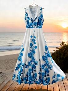 GlowEve Women's White And Blue Floral Sleeveless Deep V-Neck Contrast Color Lapel Wrap Waist Flared Maxi Dress,Summer Elegant Wedding Guest Resort Style - Multicolor - View 3