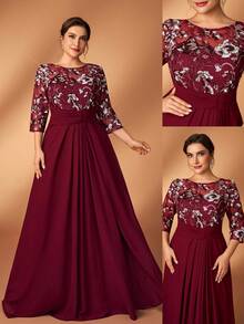 Serin Abito elegante e romantico in vino rosso con maniche a 3/4, in chiffon di lusso con perline e vita arricciata a vita, adatto per matrimoni, feste, celebrazioni, abiti da sera formali, madre della sposa - Bordò - Visualizzare 3