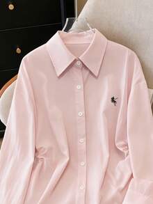 INAWLY 港式甜美清凉抽绳刺绣小马Polo领长袖不对称衬衫，秋季新品 - 粉色 - 查看 3
