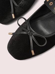 CUCCOO DOLLMOD Soft Bottom Velvet Metal Rivet Decorative Ballet Bow Flat Bottom Casual Mary Jane - Korean velvet black - View 8