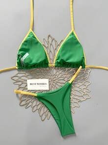 Swim Vcay Neck Tie Colorblock Thong Bikini Set, Cute Swimwear - Green - View 6