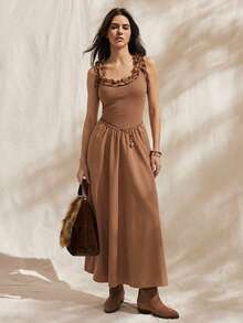 Easelle Vestido largo de verano con cuello de barco, cintura ceñida y decoración de volantes en un estilo elegante y sencillo para vacaciones, de color liso - Marron oscuro - Ver 8