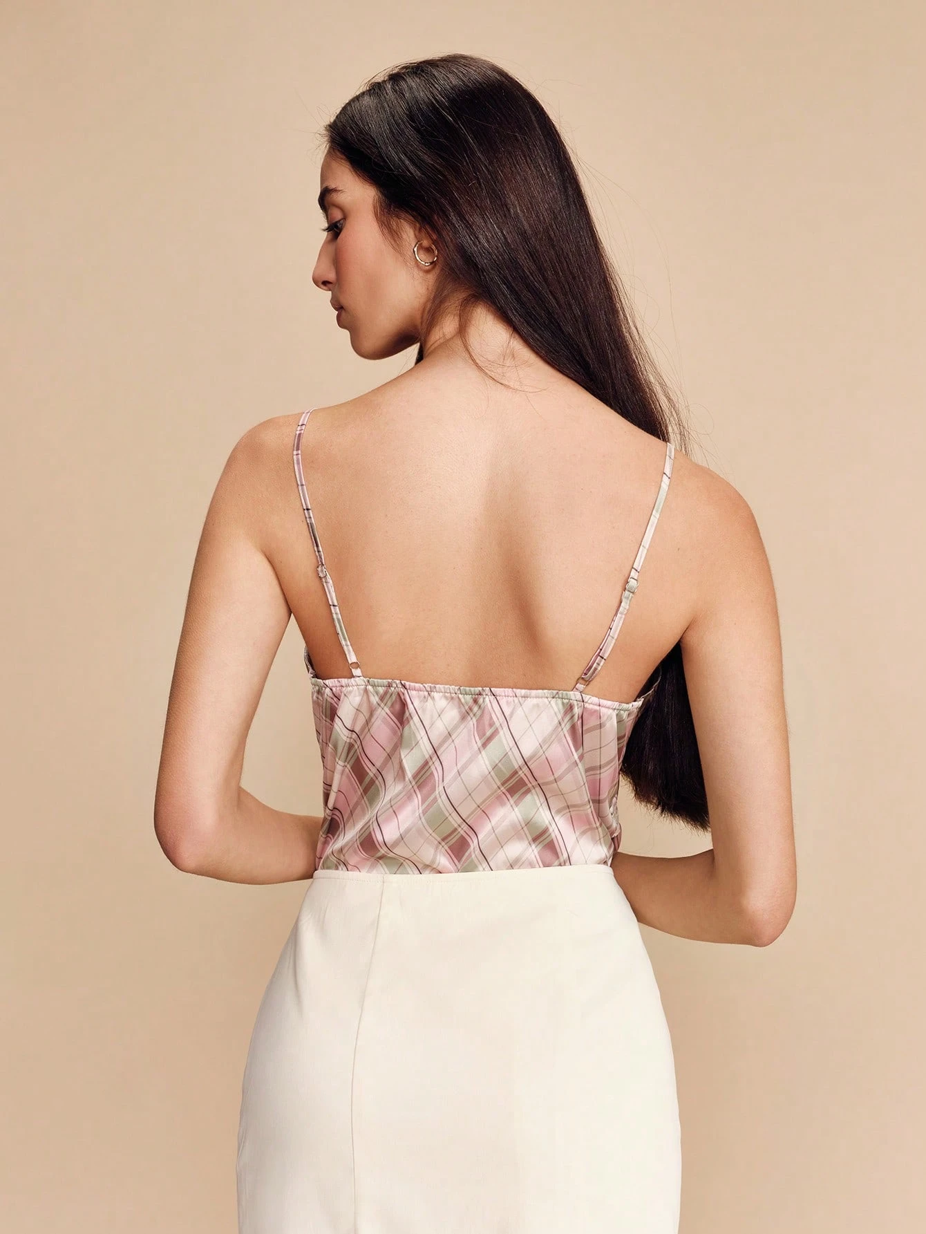 チェック柄サテンキャミソール レース付き 春夏 ヴィンテージ フレンチ パリジャン スタイル チェック柄トップス バケーション