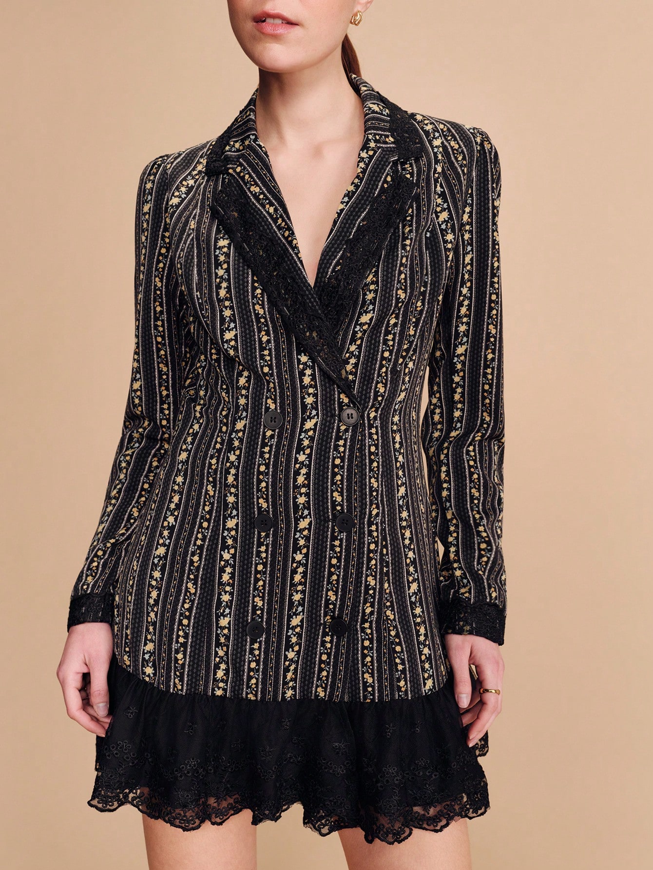 Black Fitted Blazer Style Mini Dress With Tailored Waist Long Sleeves And Lace Hem Detail In Floral Striped Fabric Chic Feminine Dress French Style Parisian Style Business Casual Dress