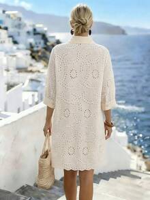 Parysyn 大码女式梭织休闲镂空刺绣夏季衬衫 - 杏色 - 查看 2