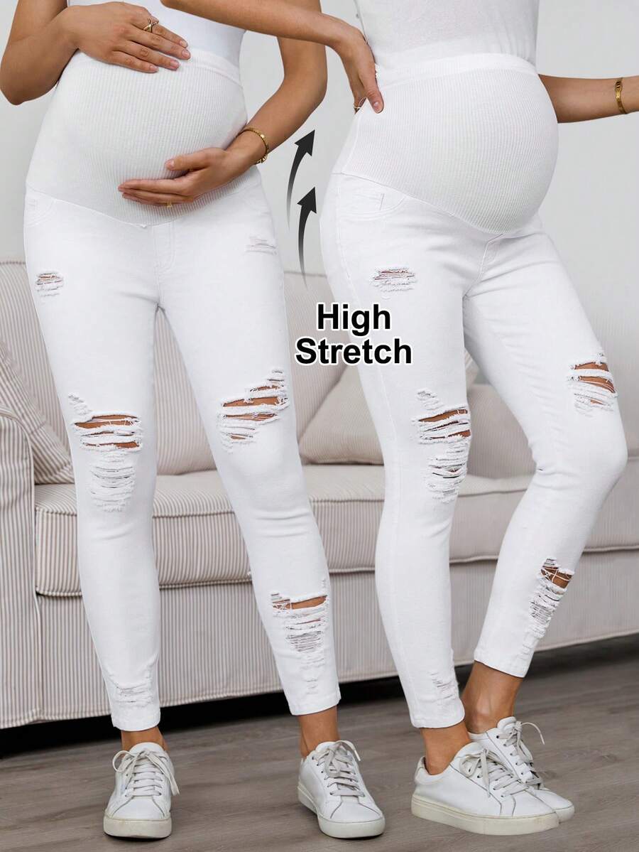 SHEIN 高弹力修身针织束腹带休闲时尚破洞紧身牛仔裤春夏狂欢节服装通勤度假毕业时尚Y2K可爱街头风派对婚礼优雅商务休闲女士时尚白色破洞孕妇牛仔裤紧身款适合准妈妈白色破洞孕妇牛仔裤高腰托腹孕妇裤弹力紧身孕妇牛仔裤春假必备孕妇牛仔裤复活节时尚孕妇牛仔裤春季通勤风格 - 白色 - 查看 1