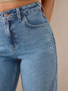 EURMUSE STAR INDIGO JEAN HIGH WAIST STRAIGHT LEG DENIM - Medium Wash - View 1