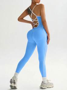 Dewbera Backless Halter Neck Fitted Jumpsuit - Blue - View 4