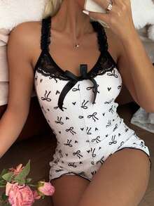 SHEIN Cartoon Bow & Heart Print Lace Trim Fitted Comfy Camisole Jumpsuit - White - View 1
