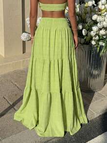 MainGRL Women's Solid Color Textured Fabric High Waist Tiered Hem Skirt, Suitable For Spring, Summer And Autumn Beach/Holiday, Does Not Include Belt - Green - View 2