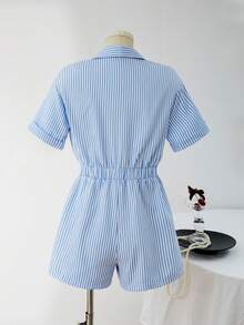 SHEIN Salopetă casual cu dungi, mânecă scurtă, pentru fete preadolescente, cu guler și talie elastică, potrivită pentru purtare zilnică, vacanțe și întâlniri - Albastru - Vizualizare 2